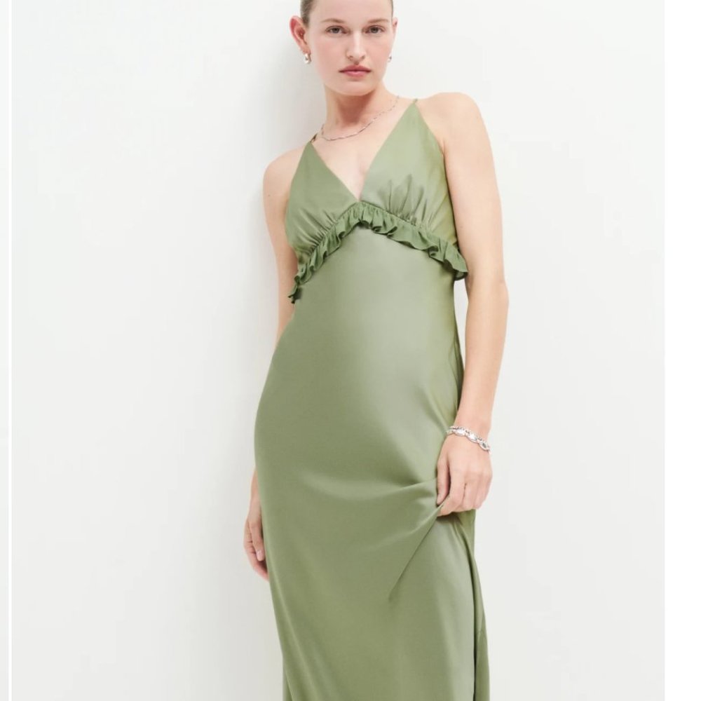 Reformation Madrigal Satin Dress in Artichoke